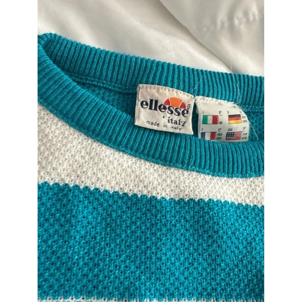 Vintage Ellesse Italy Striped Sweater Men’s L Blue White Cotton Acrylic 90s Knit